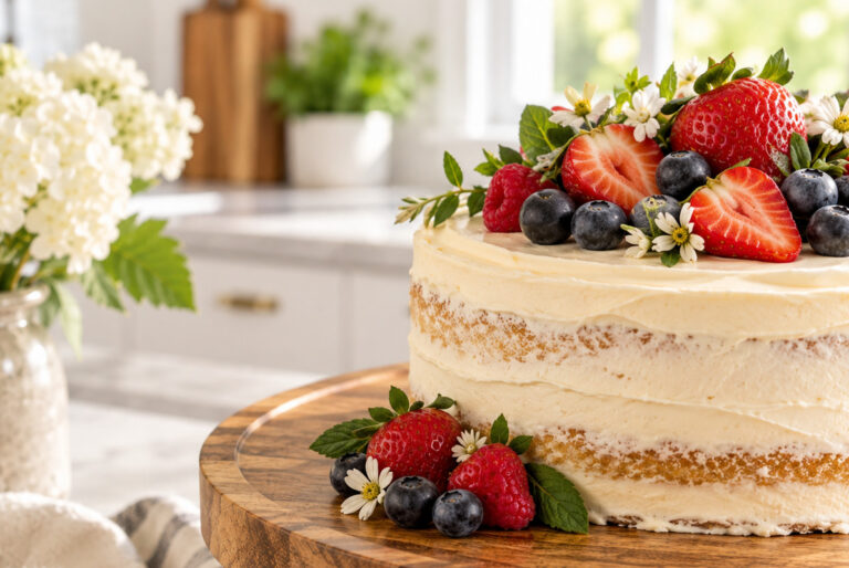 Berry-topped layer cake on a handcrafted wood cake stand in a bright kitchen.