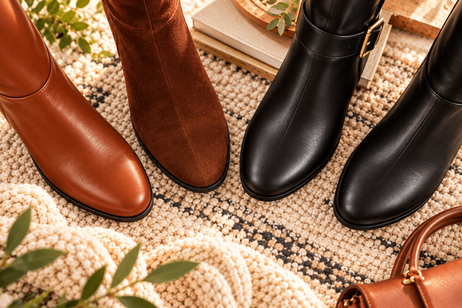 Overhead view of four almond- and rounded-toe boots in cognac leather, brown suede, and black leather, arranged on a cozy neutral rug with fall accessories.