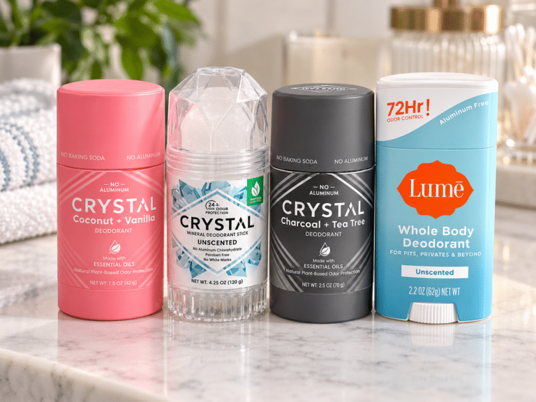 Four natural deodorants from Crystal and Lume displayed on a marble bathroom vanity with greenery, coconut, and vanilla accents.