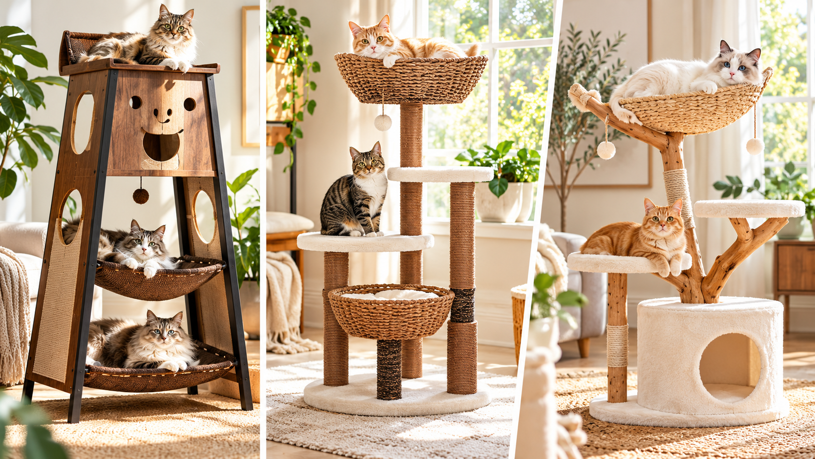 AI-generated editorial illustration of stylish cat trees in home interiors.