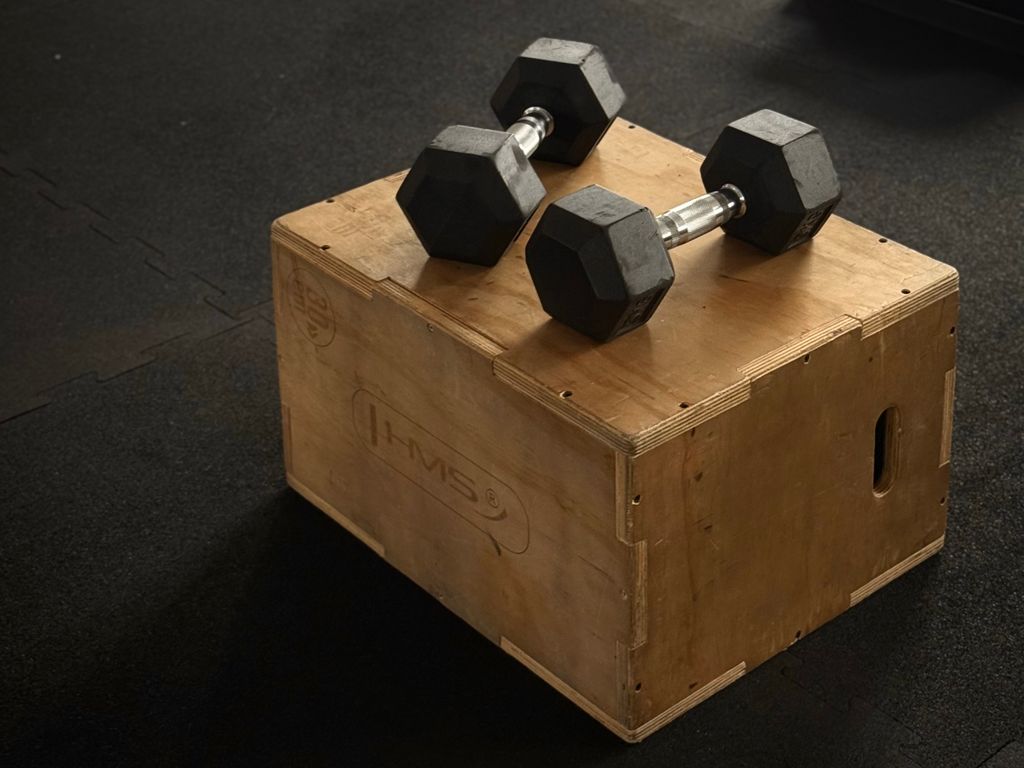 Pair of hex gym dumbbells on a wooden plyo box in a gym setting.