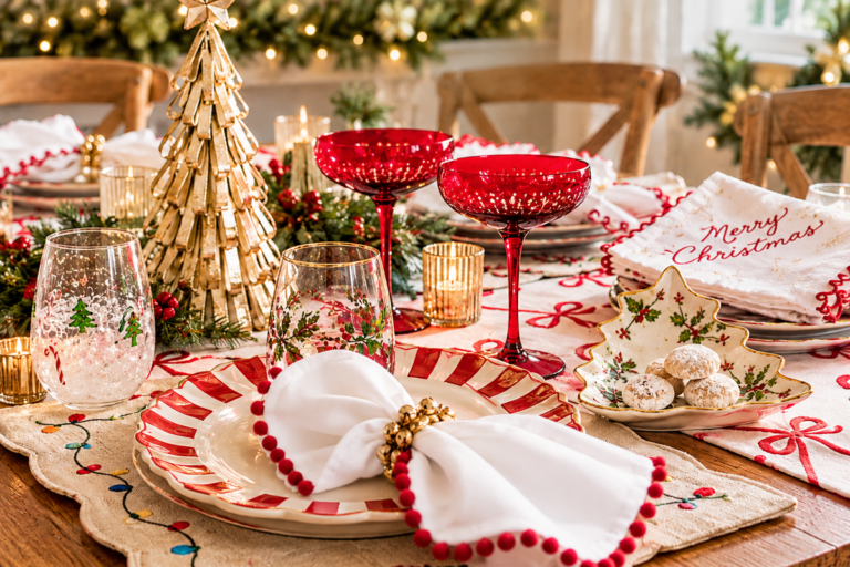 Christmas table set with T.J. Maxx holiday plates, red pom-pom napkins, festive glassware and a gold tree centerpiece.
