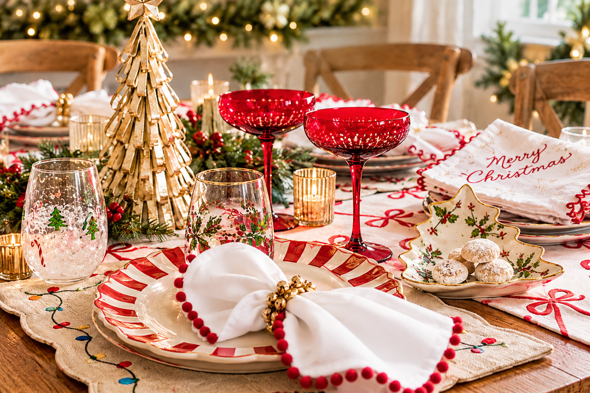 Christmas table set with T.J. Maxx holiday plates, red pom-pom napkins, festive glassware and a gold tree centerpiece.